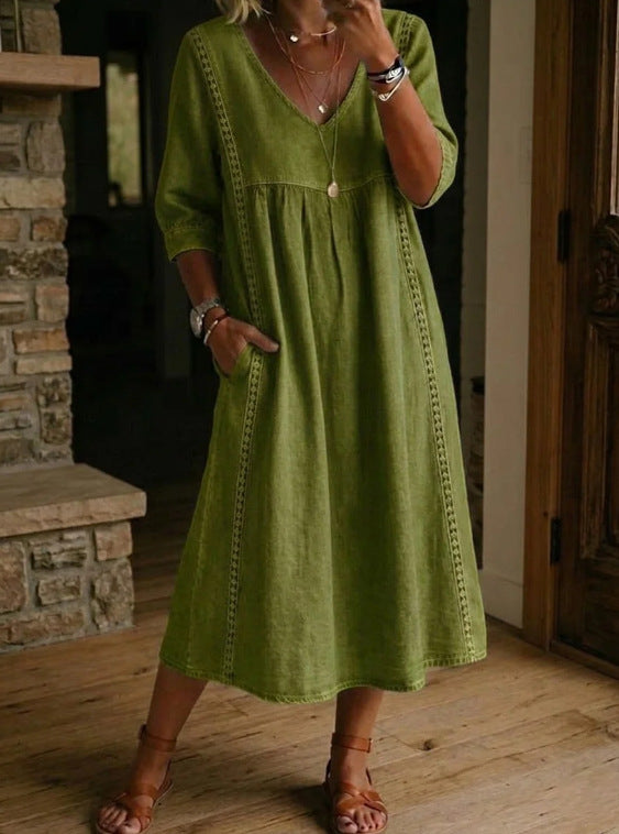 Melissa™ | Long Denim Dress with Round Neck and Long Sleeves