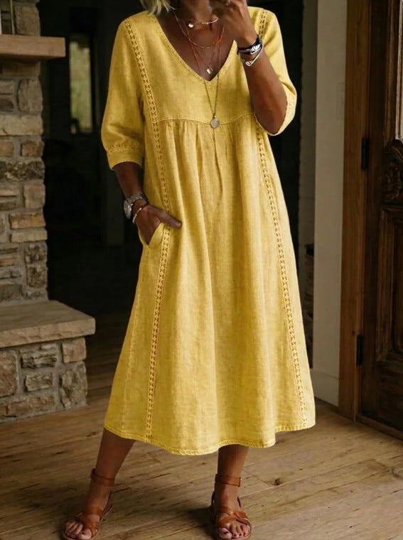 Melissa™ | Long Denim Dress with Round Neck and Long Sleeves