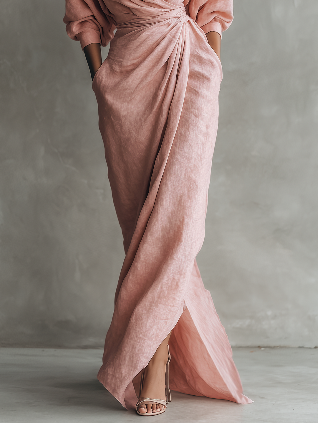 Pink Minimalist Maxi Dress with V-Neck in Linen Blend for Women