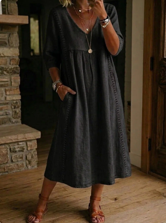 Melissa™ | Long Denim Dress with Round Neck and Long Sleeves