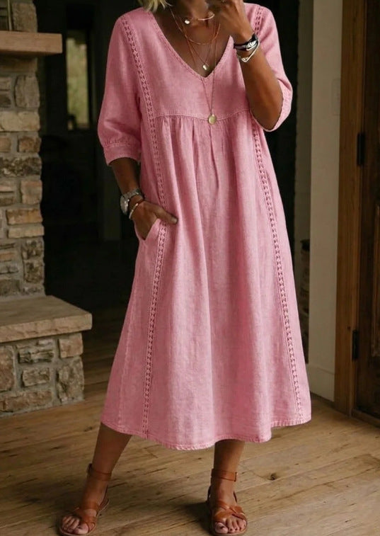 Melissa™ | Long Denim Dress with Round Neck and Long Sleeves
