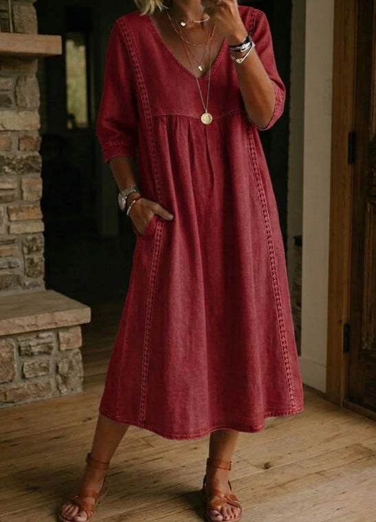 Melissa™ | Long Denim Dress with Round Neck and Long Sleeves
