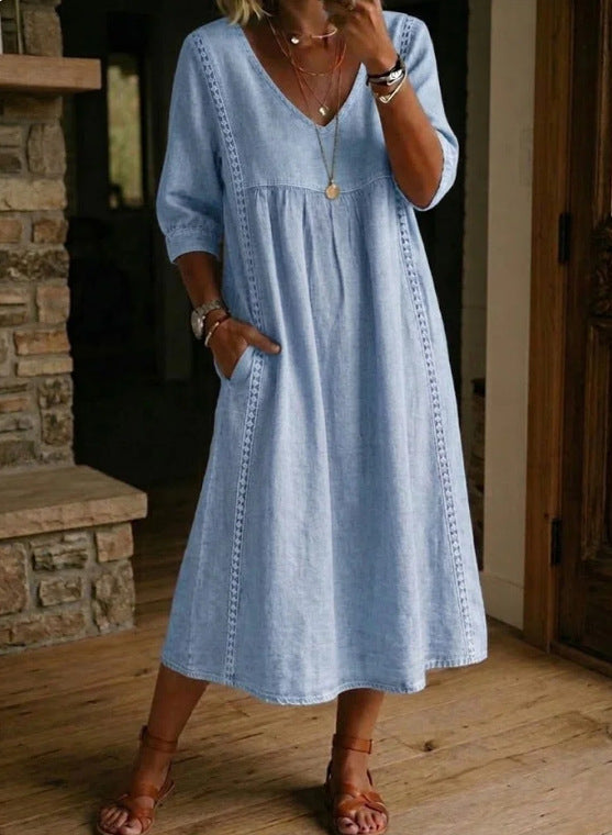Melissa™ | Long Denim Dress with Round Neck and Long Sleeves