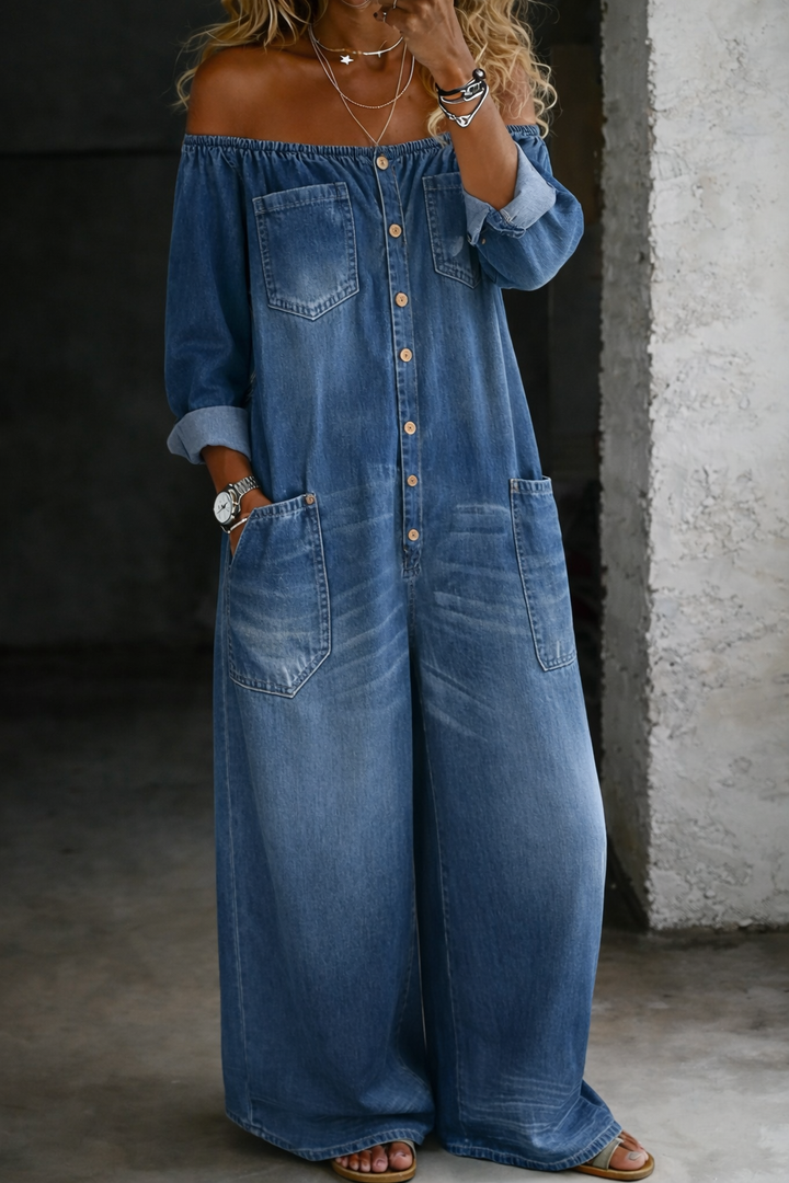 Elena™ | Denim Jumpsuit with Off-Shoulder Design