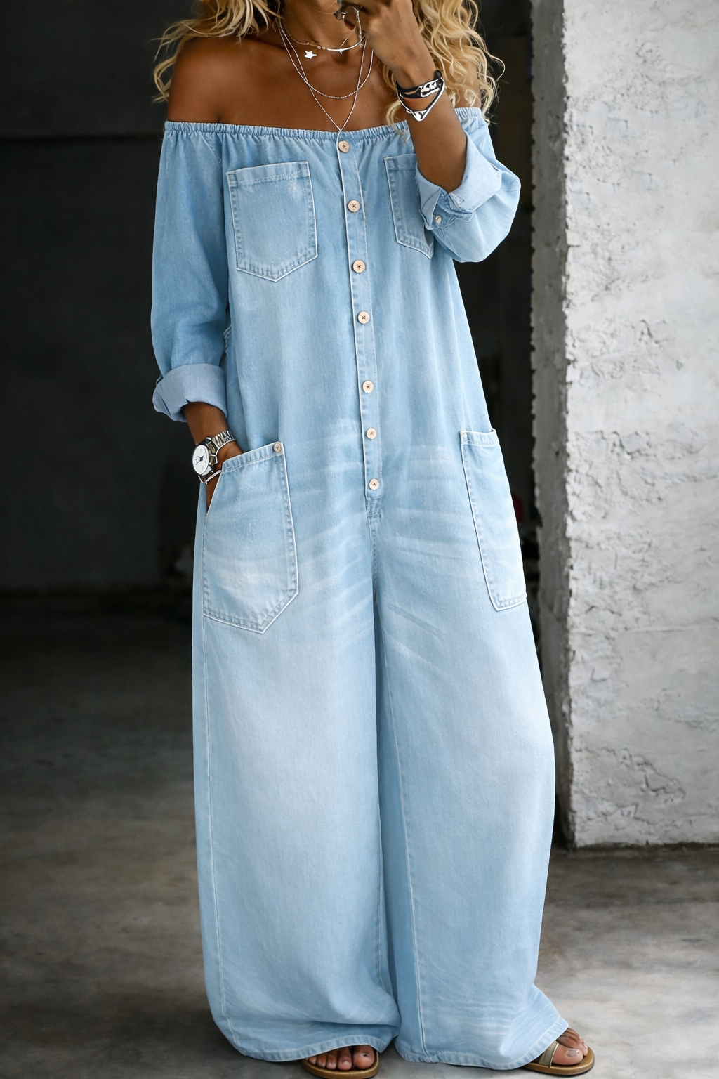 Elena™ | Denim Jumpsuit with Off-Shoulder Design