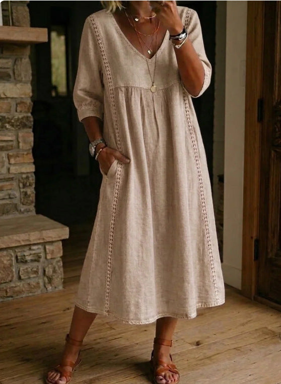 Melissa™ | Long Denim Dress with Round Neck and Long Sleeves