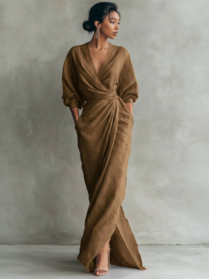 Pink Minimalist Maxi Dress with V-Neck in Linen Blend for Women