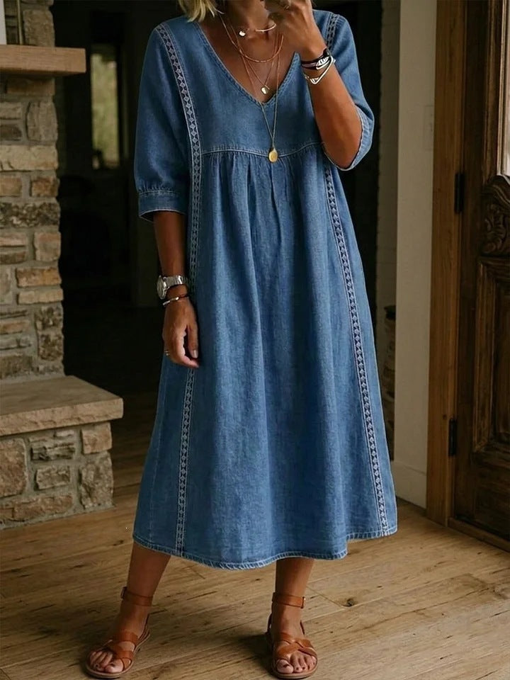 Melissa™ | Long Denim Dress with Round Neck and Long Sleeves